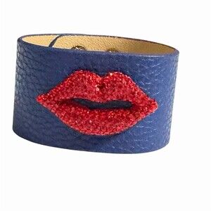 Vogue Bracelet Blue Cuff Red Rhinestone Lips Kiss Snap Closure
